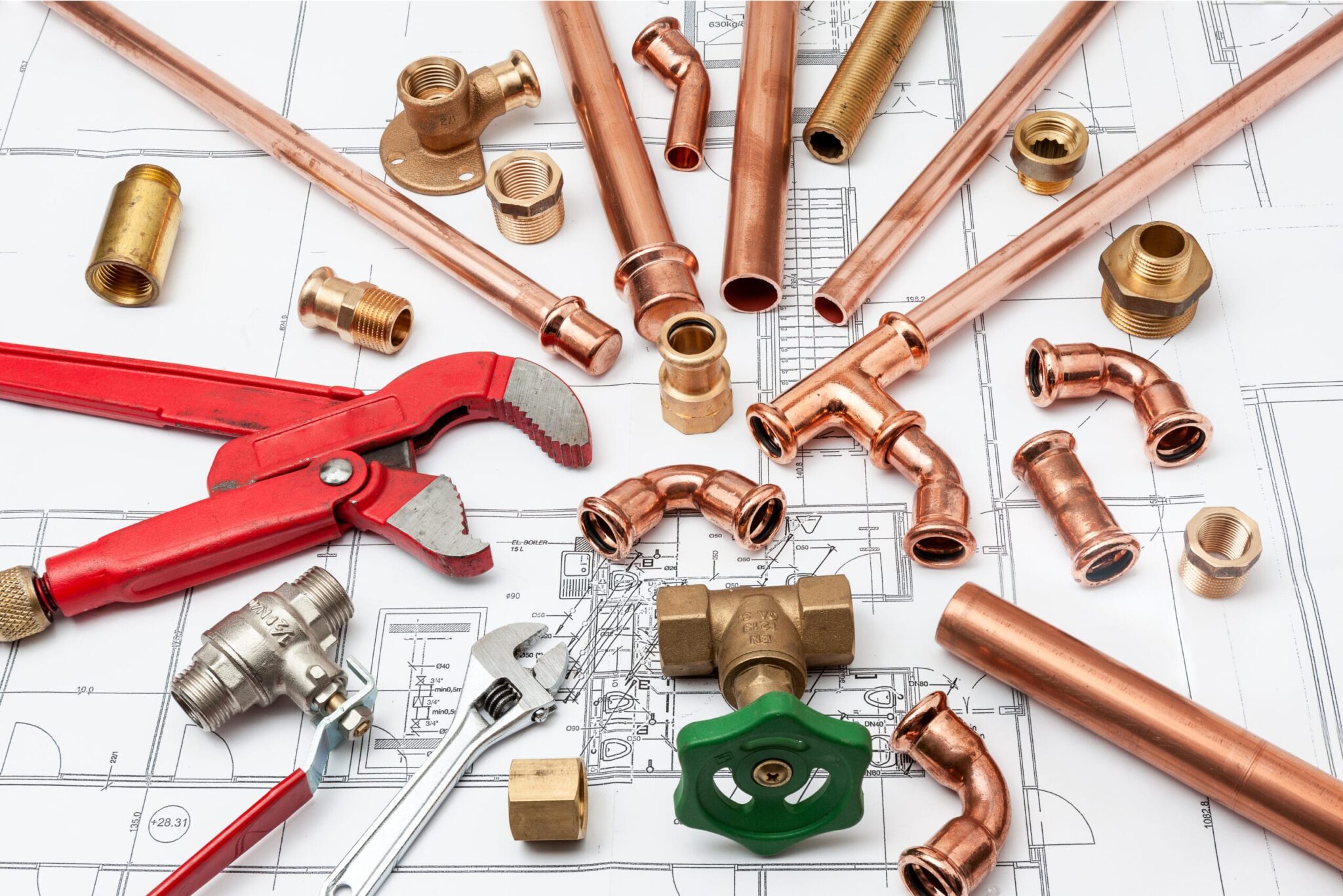 Copper pipes, fittings, valves, and plumbing tools in Bartow