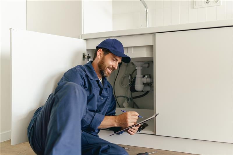 Residential plumber reviewing plumbing repairs in a Bartow kitchen