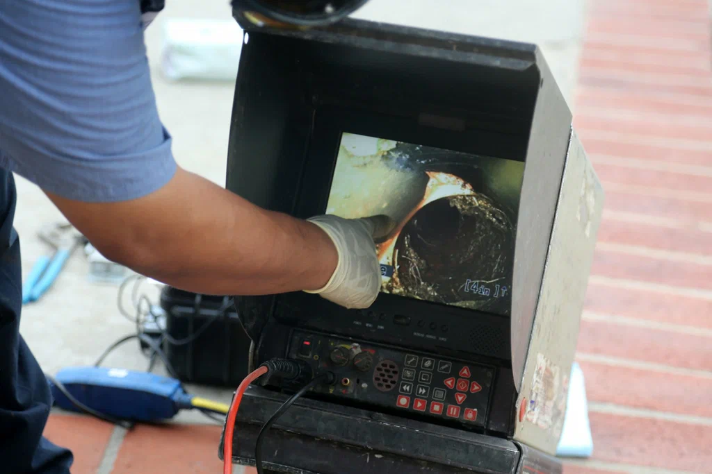 Technician viewing a drain inspection camera in Bartow