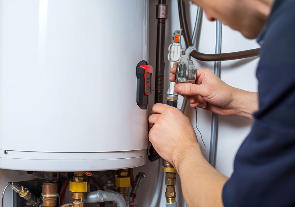 Technician repairing pipes connected to a water heater in Bartow